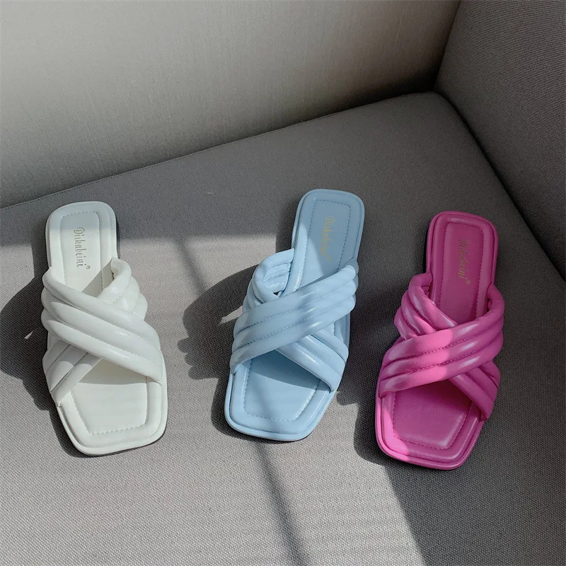 

Slippers Women Summer Flat Shoes Female Pantofle Low Rubber 2022 Soft Beach Basic Rome Fabric PU Hoof Heels Female Shoes Womens
