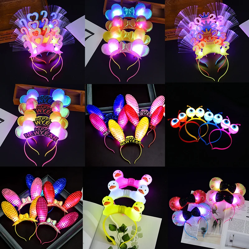 

10pcs Adult Children 2023 Happy New Year LED Glow Hair Hoop Creative Colorful Light Up Headband Party Toy Wedding Christmas