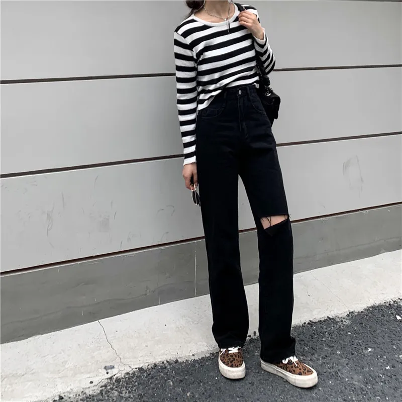 N0088  Ripped jeans women's high waist straight pants loose pants slim all match jeans