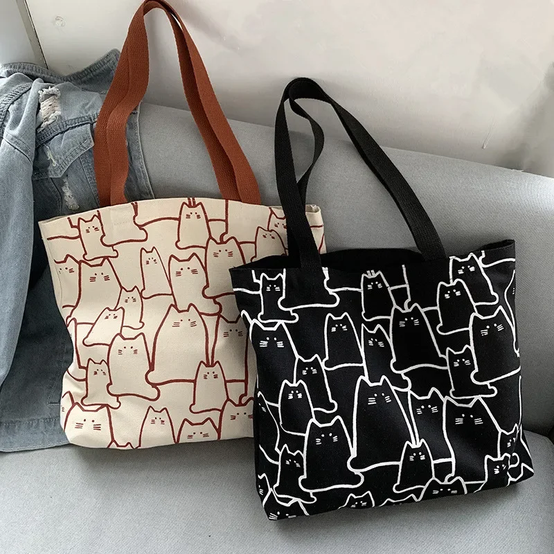 

Canvas Handbag for Women Fashion Cute Cat Tote Messenger Bags with Zipper Designer Bag Ladies Cartoon Shoulder Shopper Bags