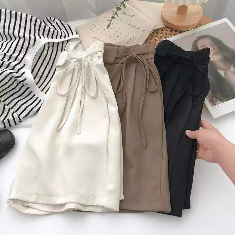 Summer White Black Suit Shorts Woman High Waist Wide Leg Shorts Women Casual Half Trousers Loose Irregular Lace Up Pants Femme