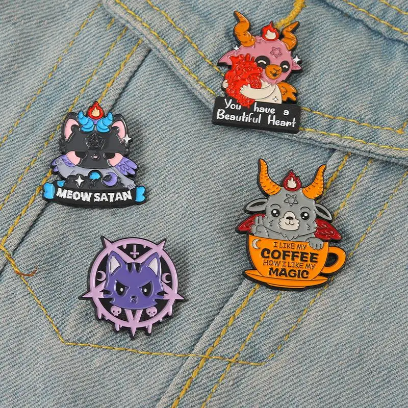 10 PCS / LOT Cute But Also Satan Enamel Pins Custom Cat Goat Brooches Lapel Badges Animal Funny Quotes Jewelry