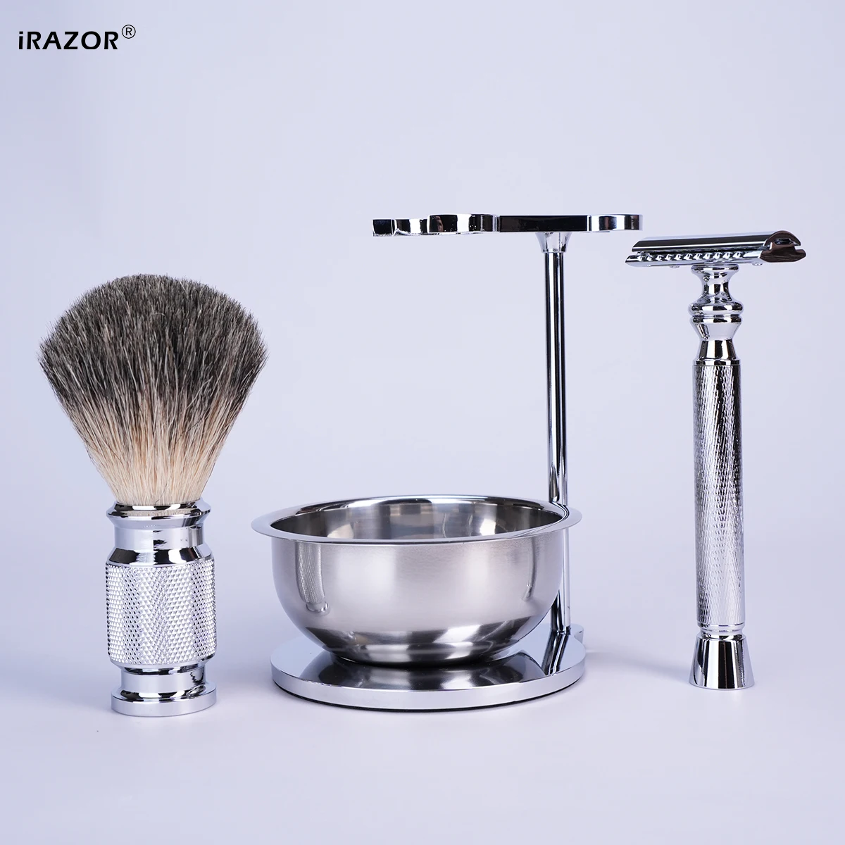 Набор для влажного бритья iRAZOR Double Edge Safety Razor Set для мужчин 4 в 1 с металлической DE-бритвой, кистью для бритья, чашей и подставкой. (art.: 3920daa90dac3) - 3920daa90dac3