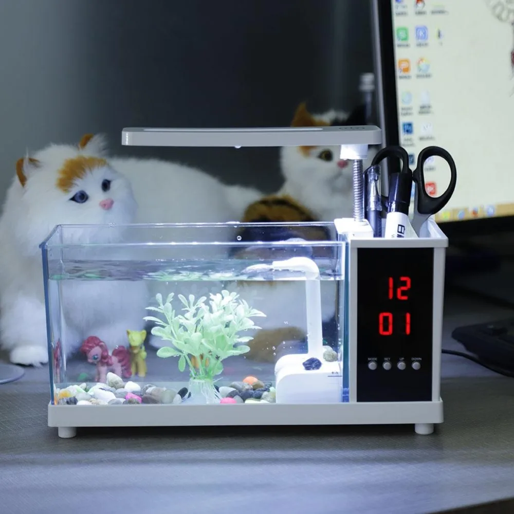 

Mini Aquarium Fish USB Aquarium With LED Light LCD Display Screen and Clock Fish Aquarium Fish Tanks Black/White Table Decor