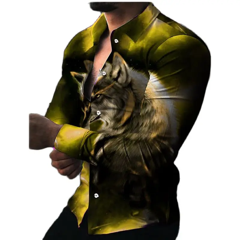 

Social Fashion Luxury Men Shirts Single Breasted Shirt Casual Wolf Print Long Sleeve Tops Men's Clothing Hawaii Club Cardigan