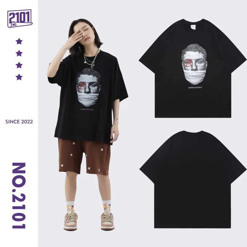 

KAZUE-Summer new trendy brand cotton men's and women's high street cartoon portrait print short-sleeved t-shirt