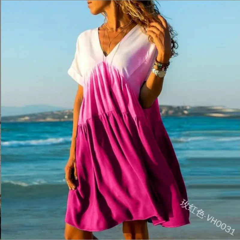 Платье-рубашка женское с V-образным вырезом и коротким рукавом | Женская одежда