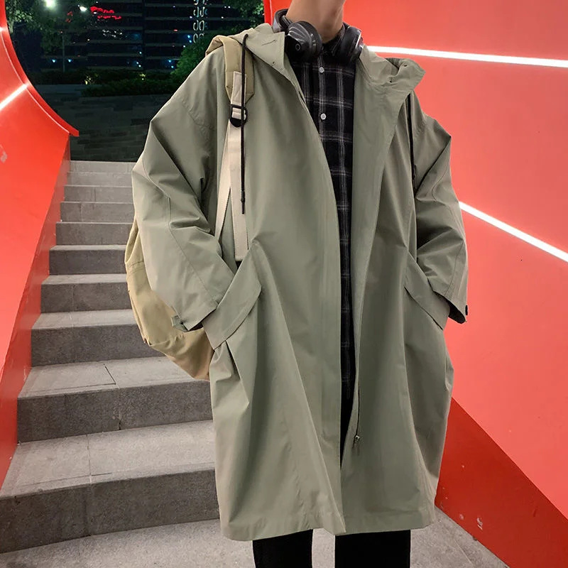 

Pure color men's hooded windbreaker Korean style Harajuku fashion long men's coat