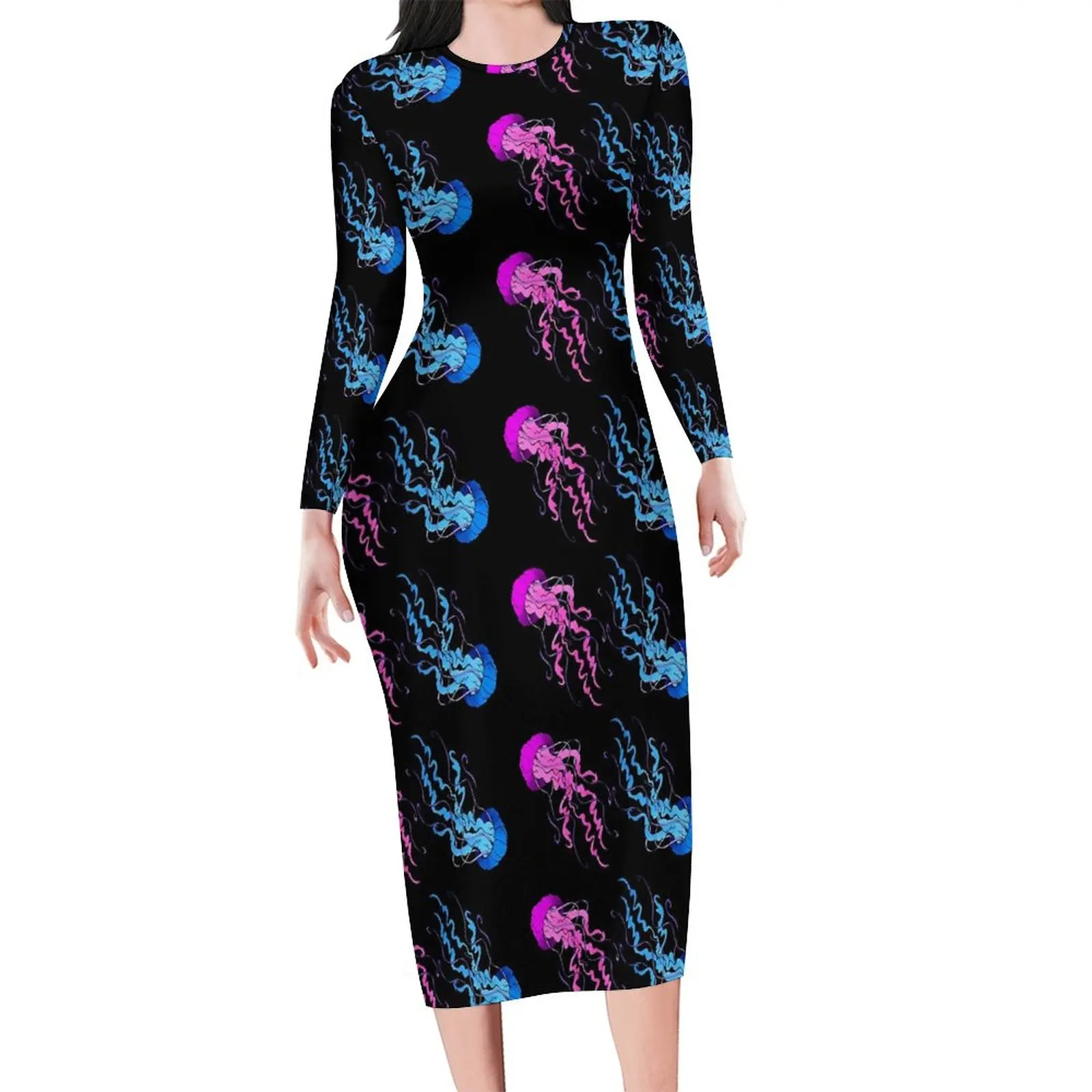 

Jellies Dress Long Sleeve Colorful Jellyfish Print Street Fashion Dresses Spring Sexy Bodycon Dress Lady Custom Oversize Vestido