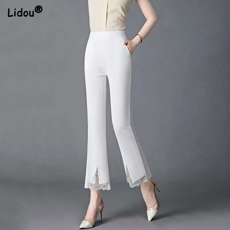 

Office Lady Lace Patchwork White Elastic Waist Boot Cut Pants Summer Solid Color Wild Popularity Comfortable Women Clothing 2022
