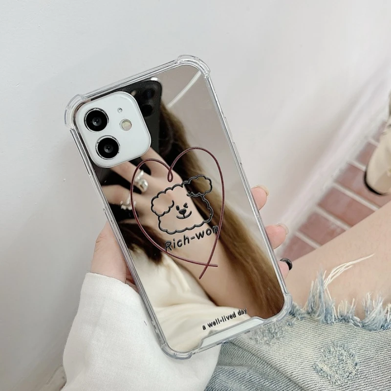 

Cute Love Heart Poodle Makeup Mirror Clear Phone Case For iPhone 13 11 12 Pro X XR XS Max MINI 7 8 Plus Shockproof Cartoon Cover