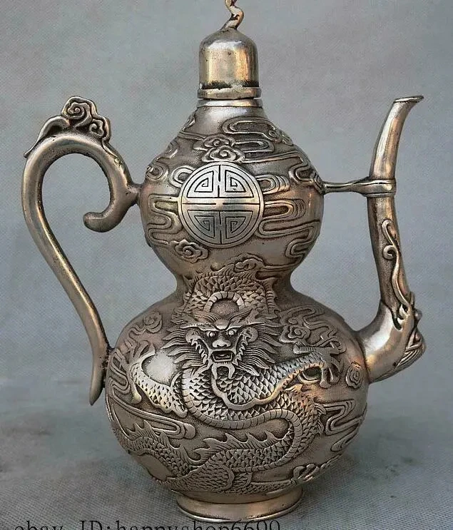 

China Dynasty Silver Dragon Beast Auspicious Clouds Gourd Teapot Pot Tea Maker