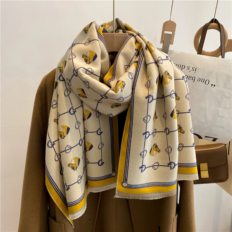 

Fashion Cashmere Scarf for Women Warm Shawl Design Wrap Thick Blanket Winter Pashmina Horse Print Neckercheif Poncho Bufanda