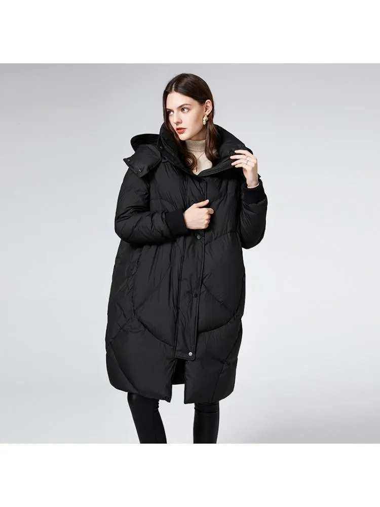 2022 Winter New Thicked Long Black Hooded 90 White Duck Down Coats Women Loose Fashion Style Padded Warmer Bread Jackets