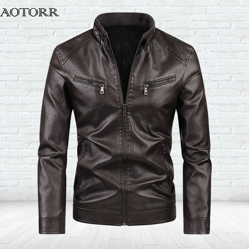 

Autumn Winter PU Leather Jacket Men's Stand-up Collar Biker Leather Tops Fashion Workwear Jacket Casual Warm Coat 2023 New