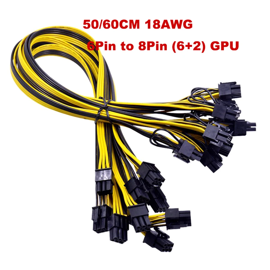 Купи 10pcs 50/60CM 18AWG GPU PCI-Express 6Pin Male to 8Pin (6+2) Male Graphics Video Card Power Cable PCIE 6 pin to 8 pin for Mining за 1,403 рублей в магазине AliExpress