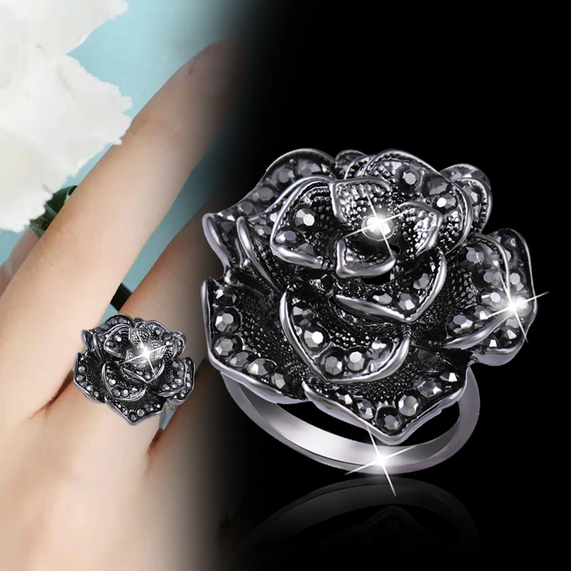 

LEEKER Luxury Vintage Big Solid Flower Rings For Women Antique Silver Color Cubic Zirconia Party Jewelry Size 7 8 9 10 ZD1 XS1