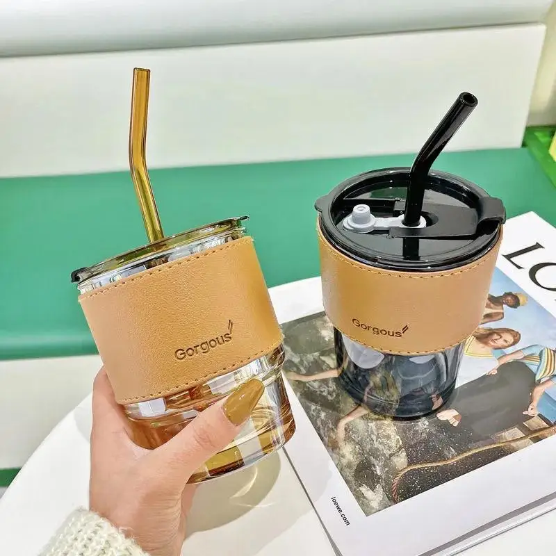 

Кофейные стаканы 420 мл/450 мл, термостойкая стеклянная кружка с кожаным покрытием, чашка для воды, стакан для чая с крышками и соломинкой