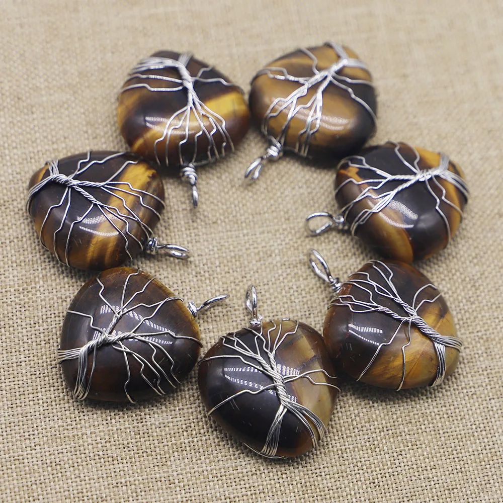 Fashion Natural Tiger Eye Stone Heart Shape Pendants Necklace Reiki Silver Wire Wrap Handmade Tree Of Life Charms Wholesale 4Pcs