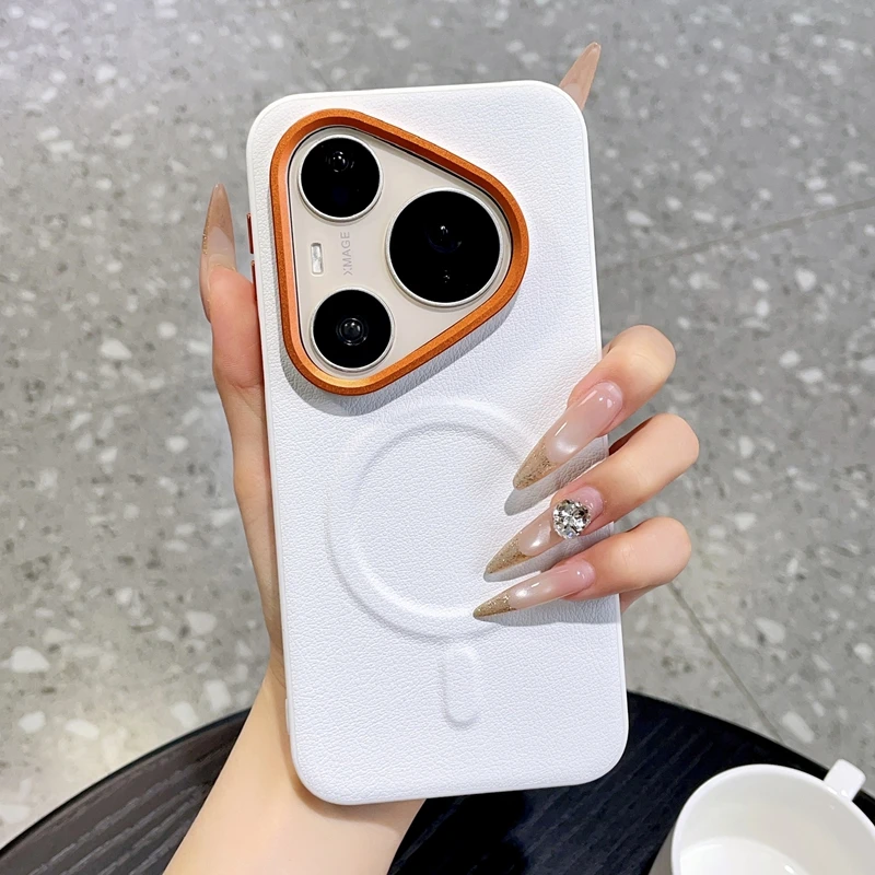 Фото Для HuaWei Pura 80 Ultra 90 Pro чехол для телефона из веганской кожи с магнитной беспроводной зарядкой, защитный корпус из поликарбоната, однотонная задняя крышка. №4