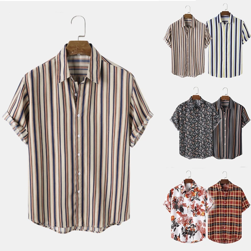 Summer Hawaiian Shirt Top Men Loose Striped Plaid Print Shirt Men Short Sleeve Single-Breasted Turn-down Collar Irregular Shirt