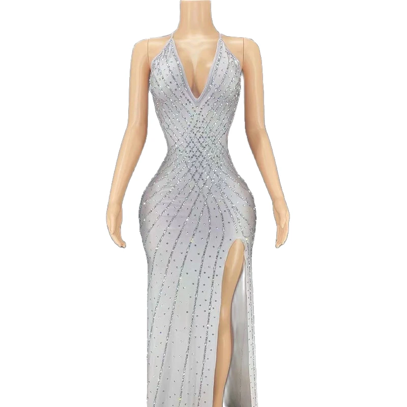 

Rhinestone Women Sexy Sparkly Sleeveless Deep V Neck Backless Long Dress