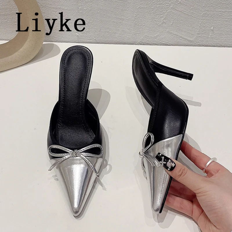 

Туфли Liyke женские с бантом, заостренный носок, без застежки, туфли-лодочки, на тонком каблуке, пикантные шлепанцы для вечеринки, летние босоножки без задника