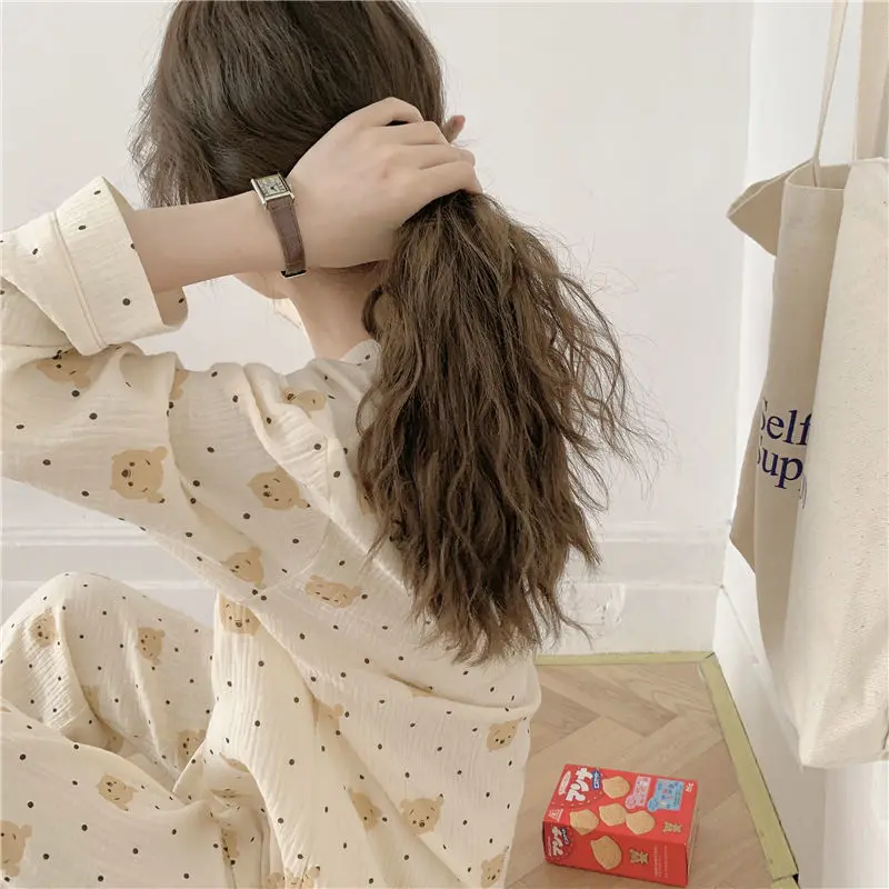QWEEK Cotton Sleepwear Kawaii Women's Pajamas Bear Print Nightwear Female Set Woman 2 Piece Pijama Polka Dot Pyjamas Long Sleeve