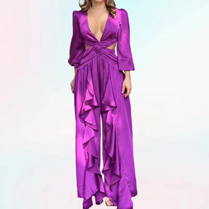 

Women's Bohemian design sense fashion casual sexy solid color cross ruffled edge jumpsuit women