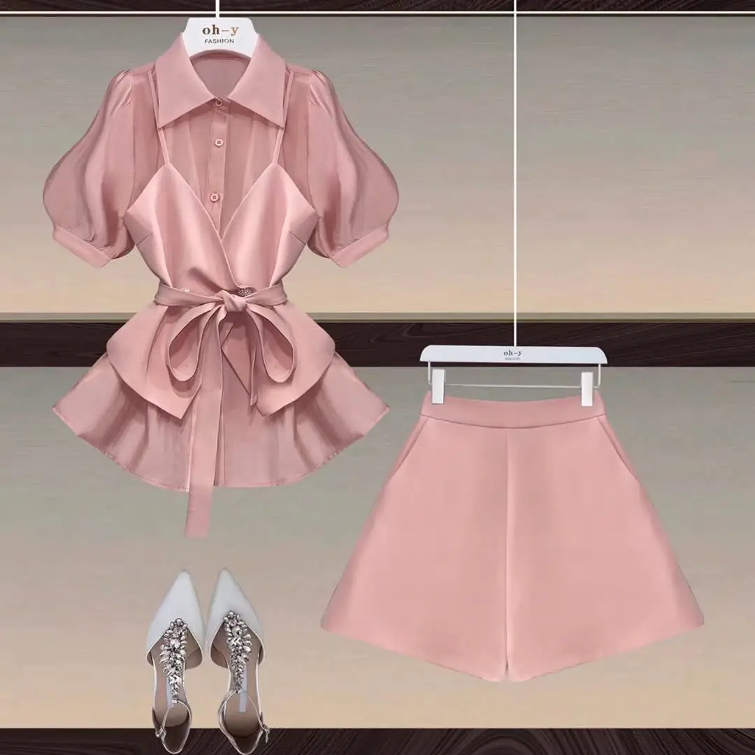 

women summer shorts sets korean polo collar high waist tops and shorts sets 4XL women outfits