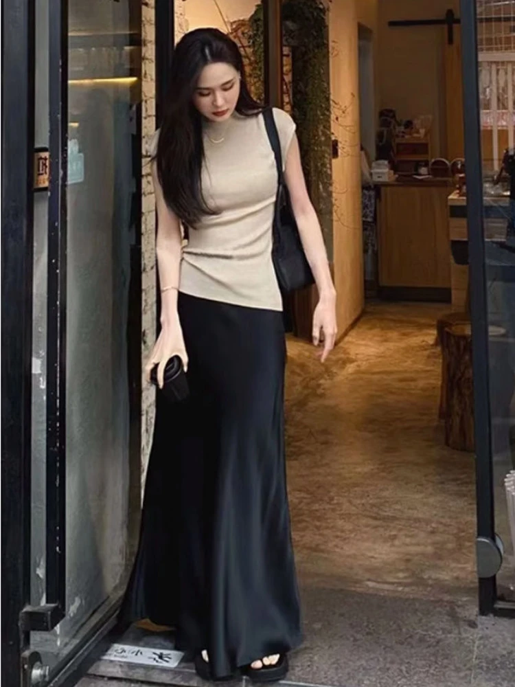 Элегантная черная атласная юбка HOUZHOU женская модная уличная Тонкая шелковая