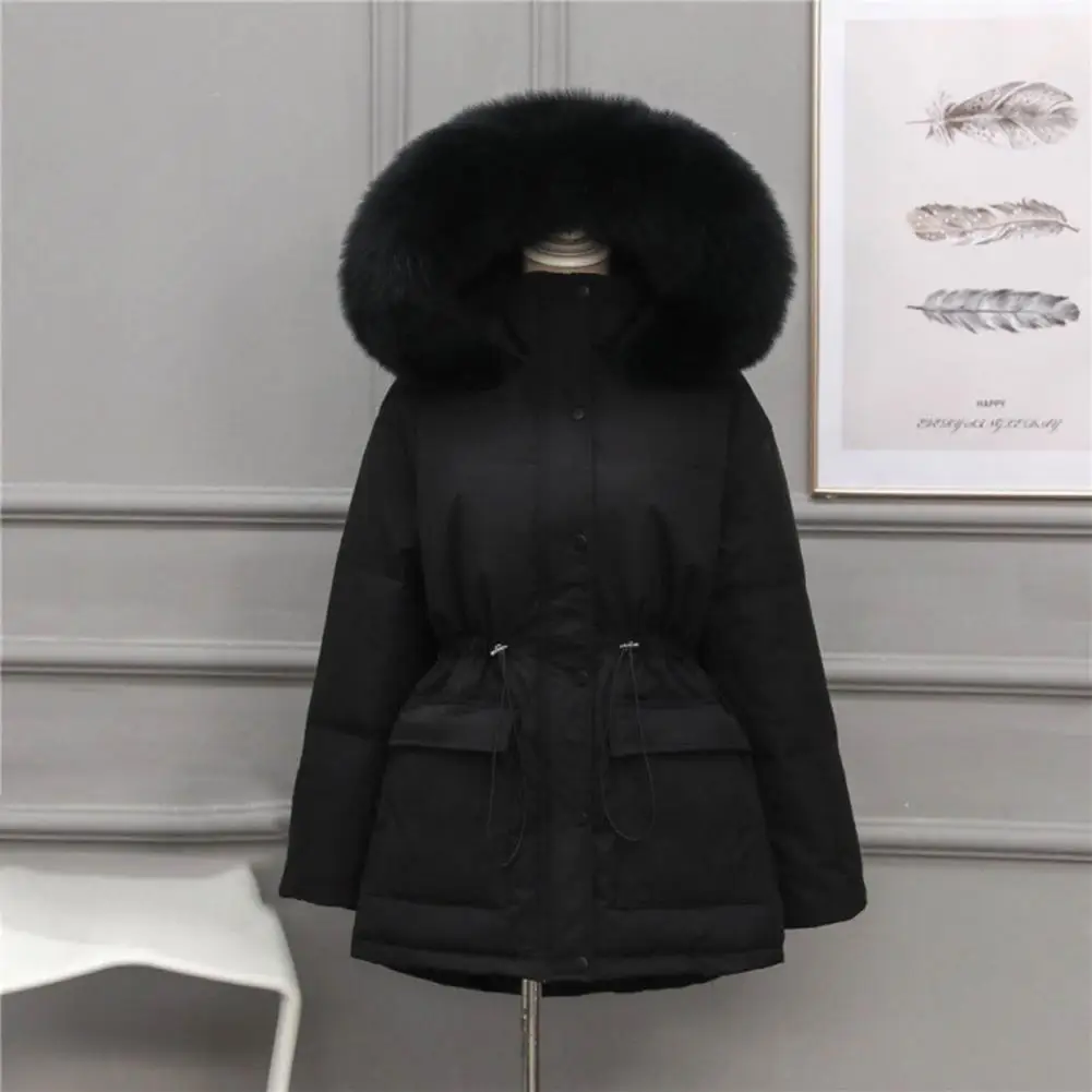 Winter Cotton Coat Padded Plush Furry Hat Hooded Long Style Cold-proof Solid Color Long Sleeves Lady Winter Coat for Outdoor