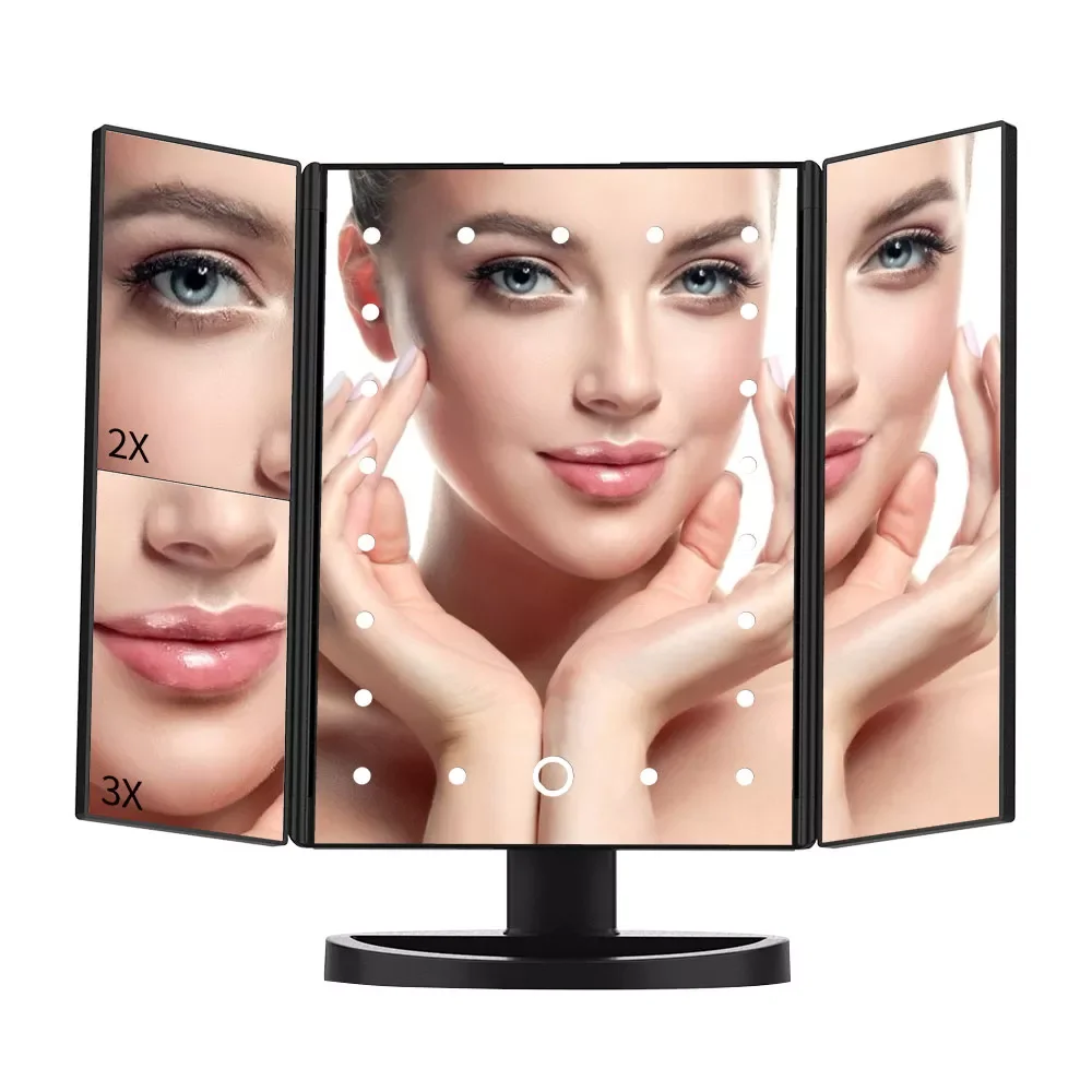 

NEW2023 Portable Makeup Mirror Led Light Touch Screen Vanity Mirror With 21 LED Lights 1X/2X/3X Magnifying 3 Folding Cosmetic Mi
