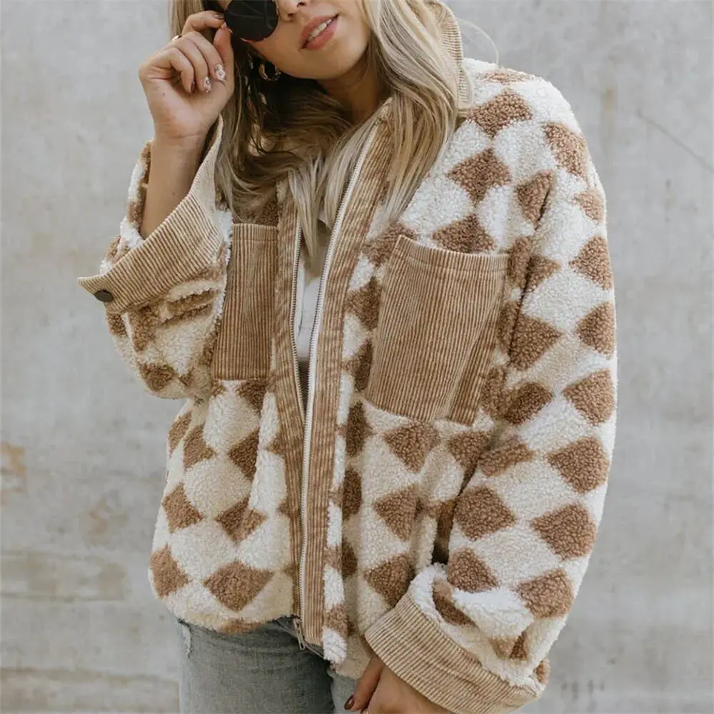 

Women Winter Teddy Sweater Faux Fur Sherpa Fleece Zipper Jacket Corduroy Vintage Thermal Tops Patch Pockets Fuzzy Coat