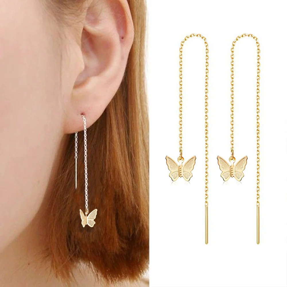 

Stainless Steel Threader Earrings for Women Simple Gold Color Long Chain Butterfly Pendent Earline Earings Fashion Jewelry 2022