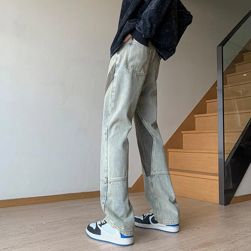 DEEPTOWN Blue Patchwork Jeans Men Loose Fashion Straight Denim Pants Casual Streetwear Trousers Male Vintage Hip Hop Spring