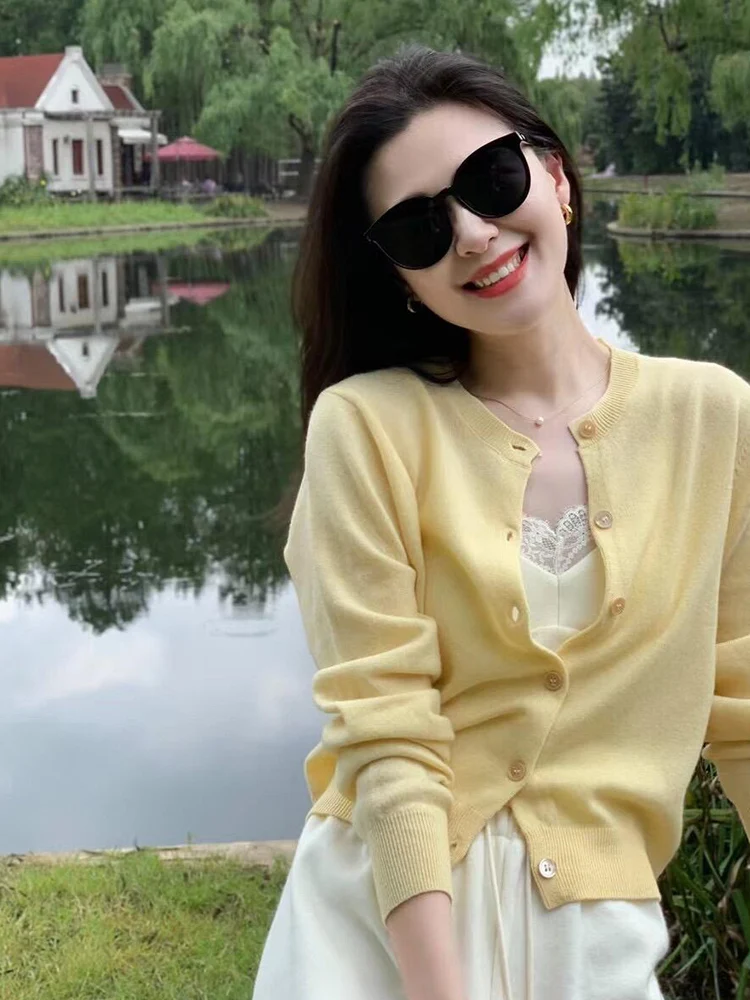 Желтый вязаный кардиган с длинными рукавами верхняя одежда для женщин осень-зима