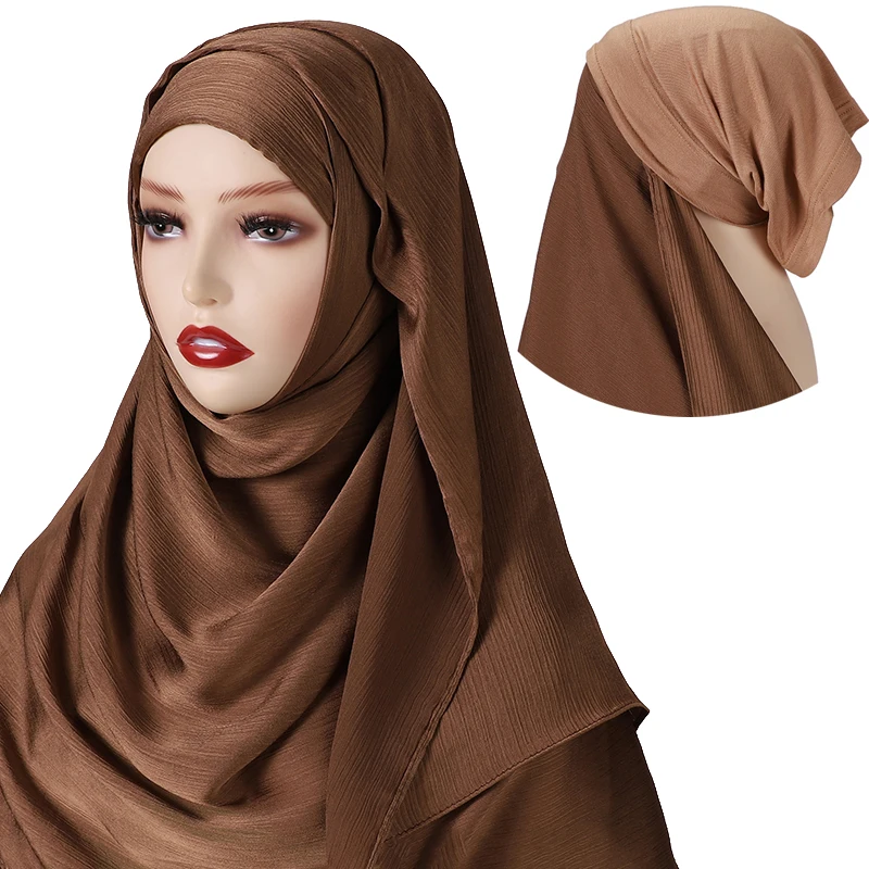 

10pcs/lot Instant Hijab With Jersey Cap Satin Crinkled Hijab For Women Muslim Fashion Islam Hijabs Scarf Wholesale Supplier