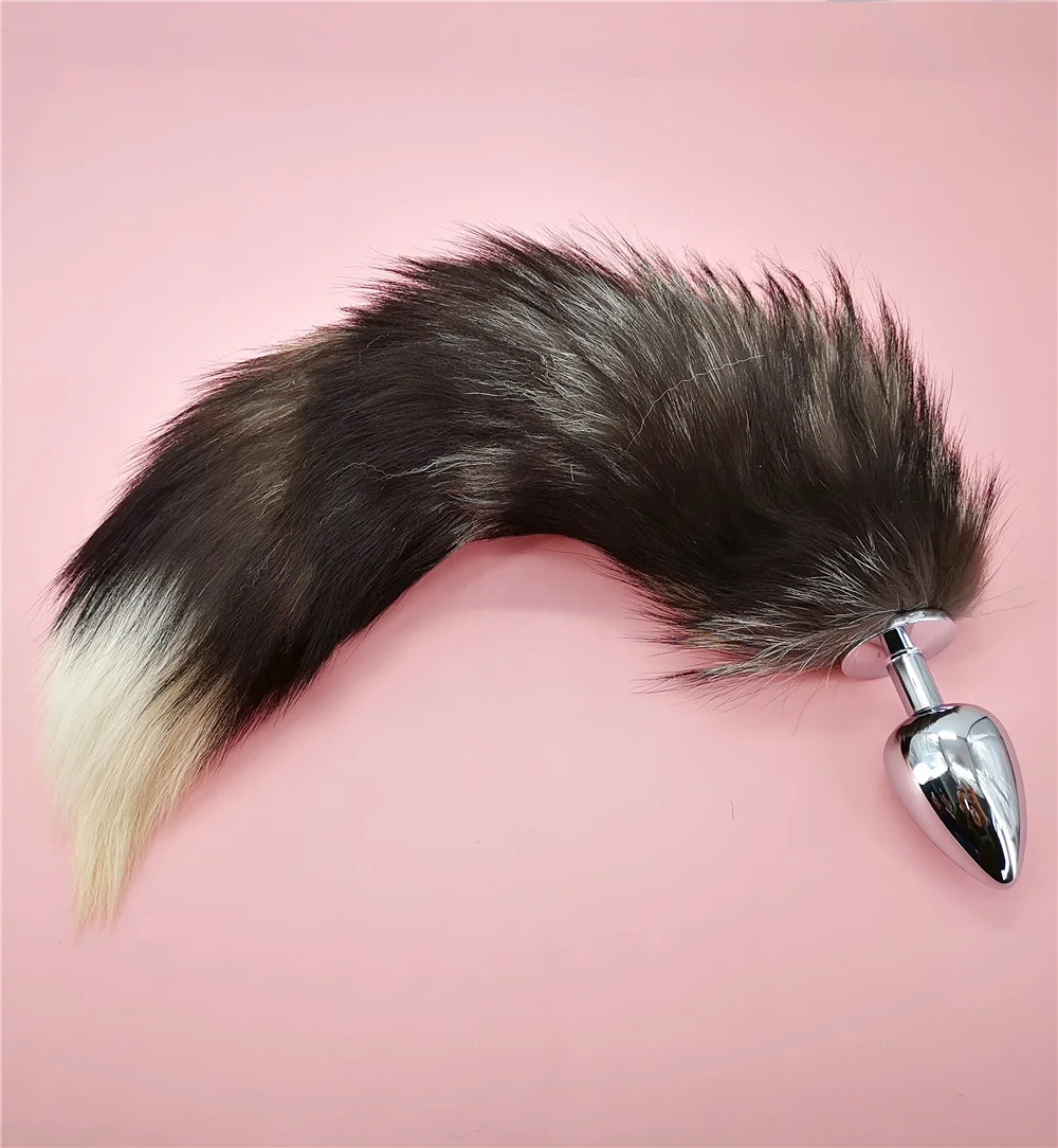 Анальная пробка со съемным натуральным лисьим хвостом металлическая