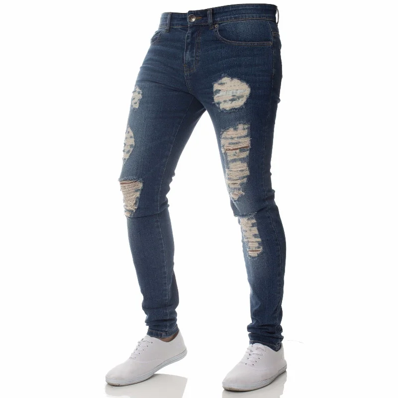 Mens Ripped Skinny Jeans Blue Slim Fit Hole Pencil Pants Biker Casual Trousers Streetwear High Quality Denim Man Clothing