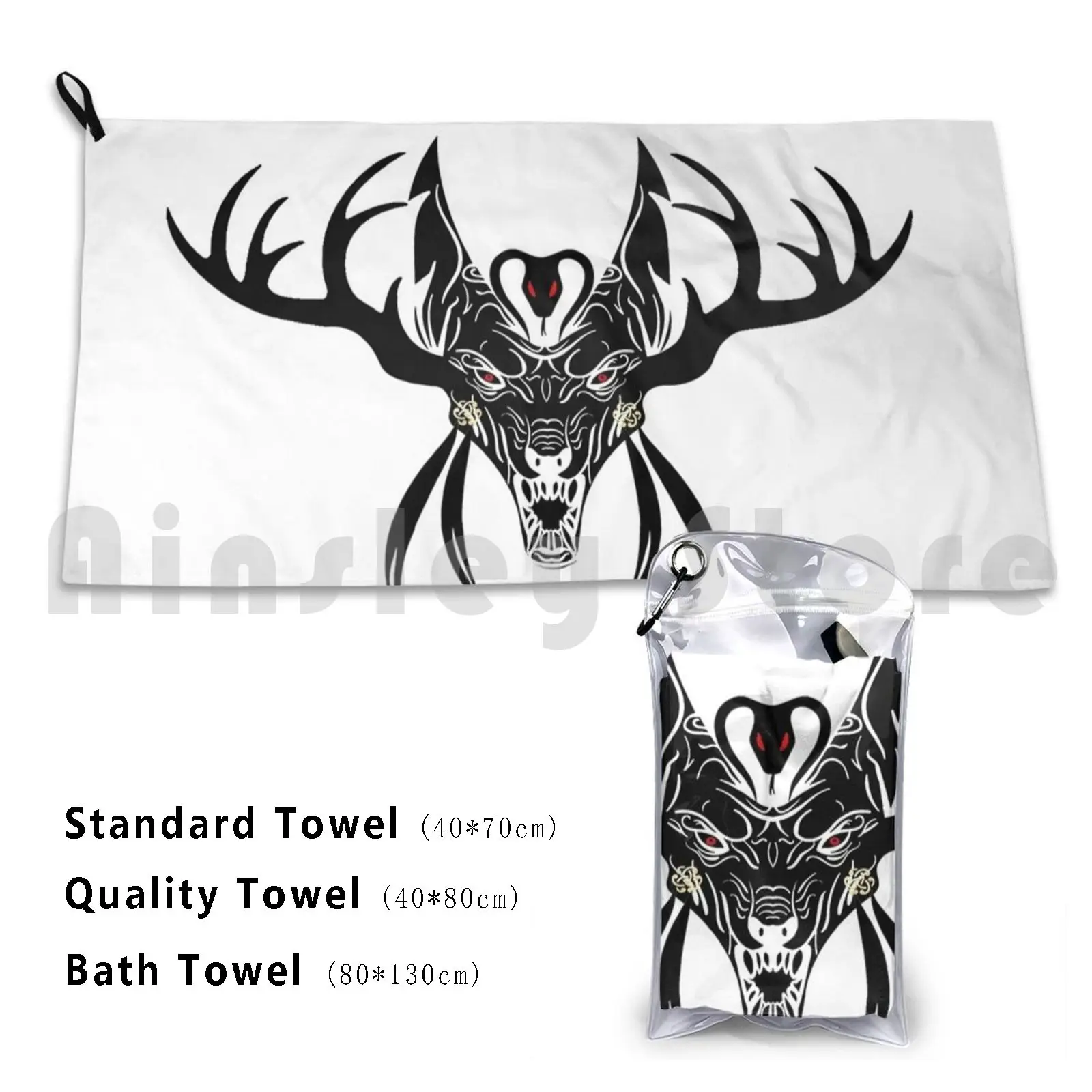 

Indian Anubis Bath Towel Beach Cushion Anubis Dog Deity Death Snake Red Eye Horns Fangs Roar Feather Deer