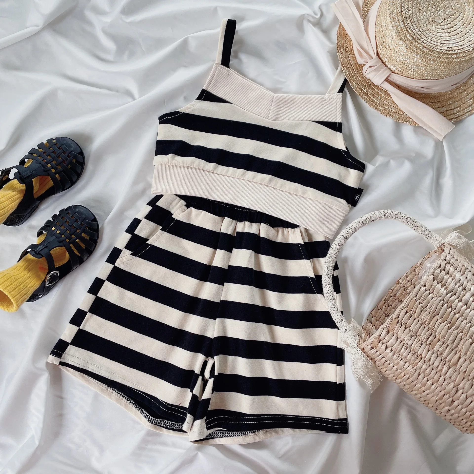 Freely Move 2022 Summer Baby Sleeveless Clothes Set Infant Girls Cute Stripped Print Tank Top T Shirt + Shorts Suit Kids Outfits