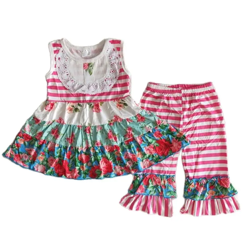

E2-11 Baby Girl Clothes Pink Striped Three-Layer Pattern Splicing Suit 2 Piece Set Kids Clothes Girls Spring and Autumn