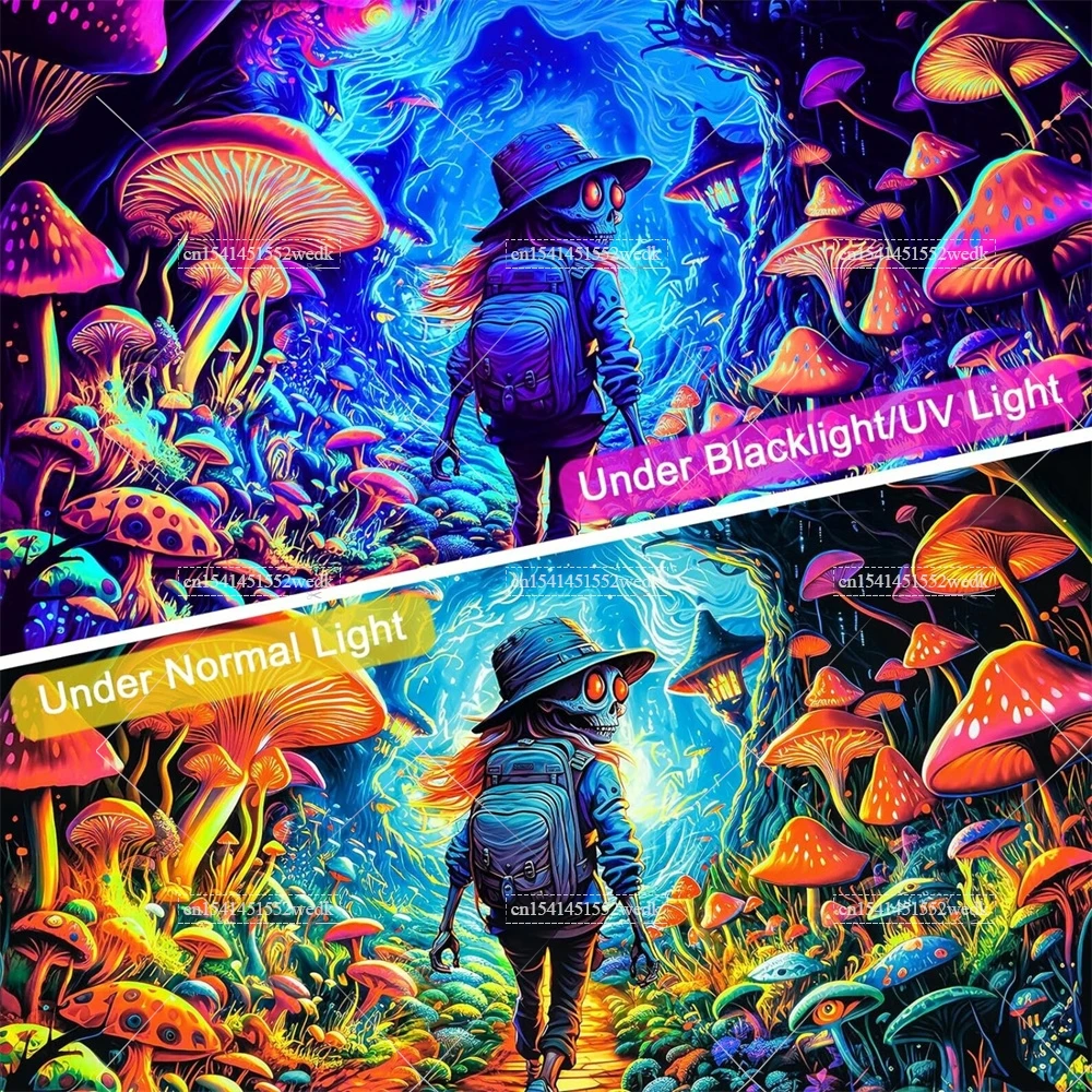 Гобелен с грибами Blacklight УФ-реактивный гобелен черепом в стиле хиппи настенный
