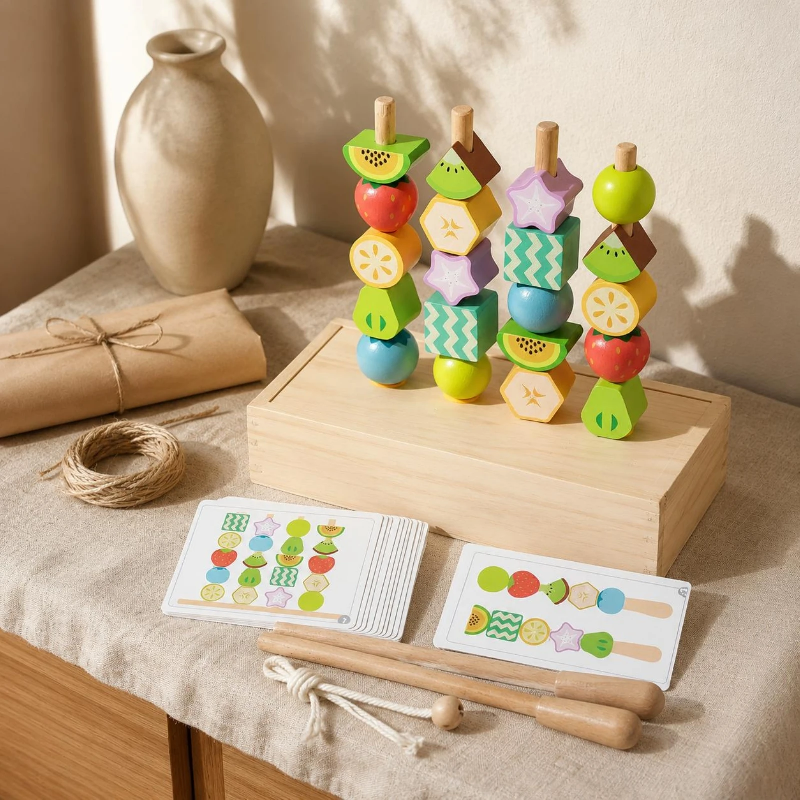 Фото Игрушка для нанизывания бусин в форме фруктов, разноцветные деревянные бусины для шнуровки, игрушка для развития координации рук и глаз, сортировщик фруктов по форме №4
