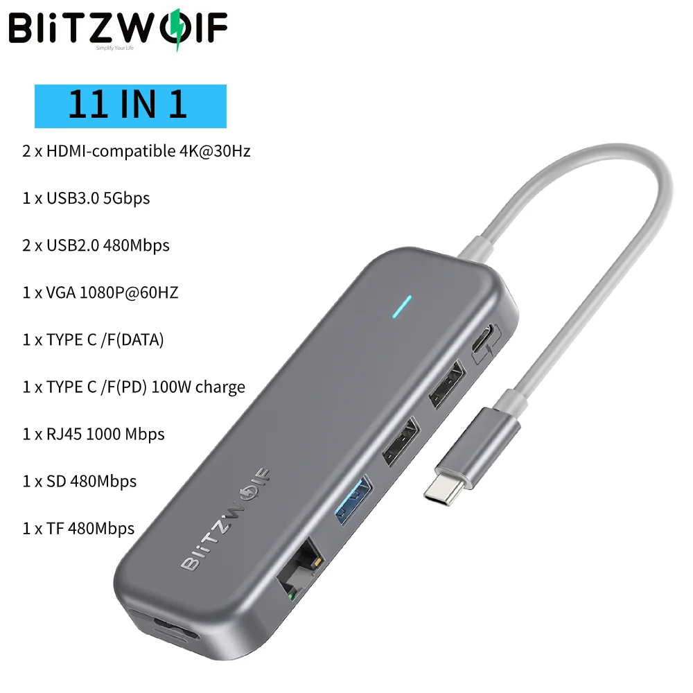 

BlitzWolf 11 in 1 USB C HUB USB-C Docking Station with 4K@30Hz HD VGA RJ45 1000 Mbps USB3.0 PD 100W 480Mbps Card Reader slot