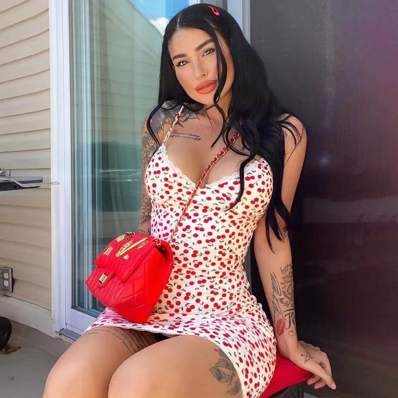 

European and American women's 2021 new spring sexy V-neck lace suspender Printed Dress Fashion PD