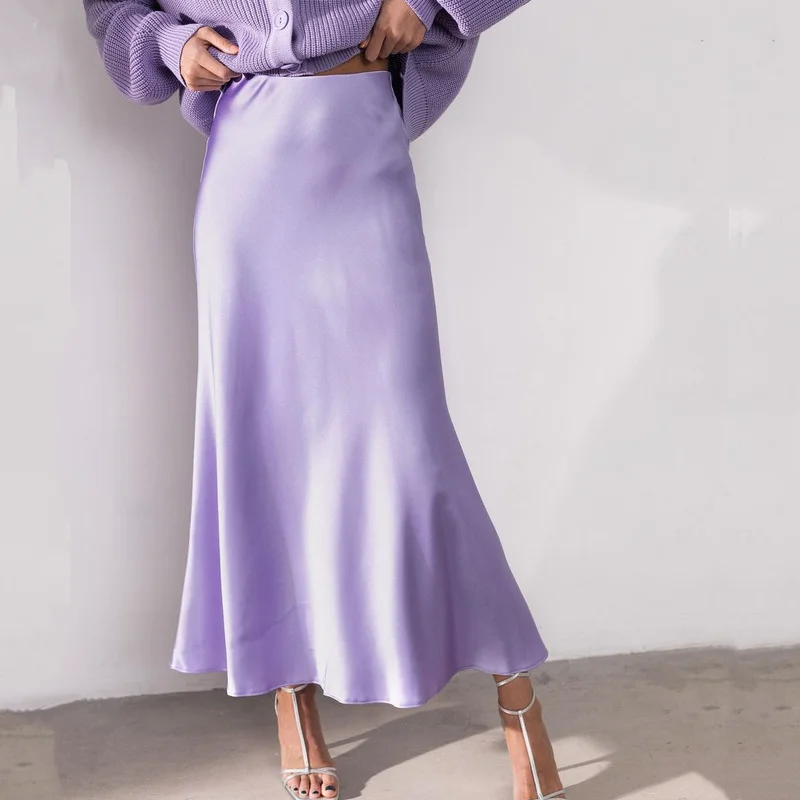 

Long Skirt Women Summer Satin High-waisted Skirt Office Lady A-Line Fashion Purple Blue Gray Solid Acetate Women's Skirts 2022