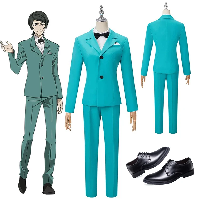 

Костюм для косплея Mushitaro Oguri из аниме «бродячие псы», сезон 4, Мужской зеленый костюм, Униформа, комплект одежды на Хэллоуин, черная обувь из ПУ