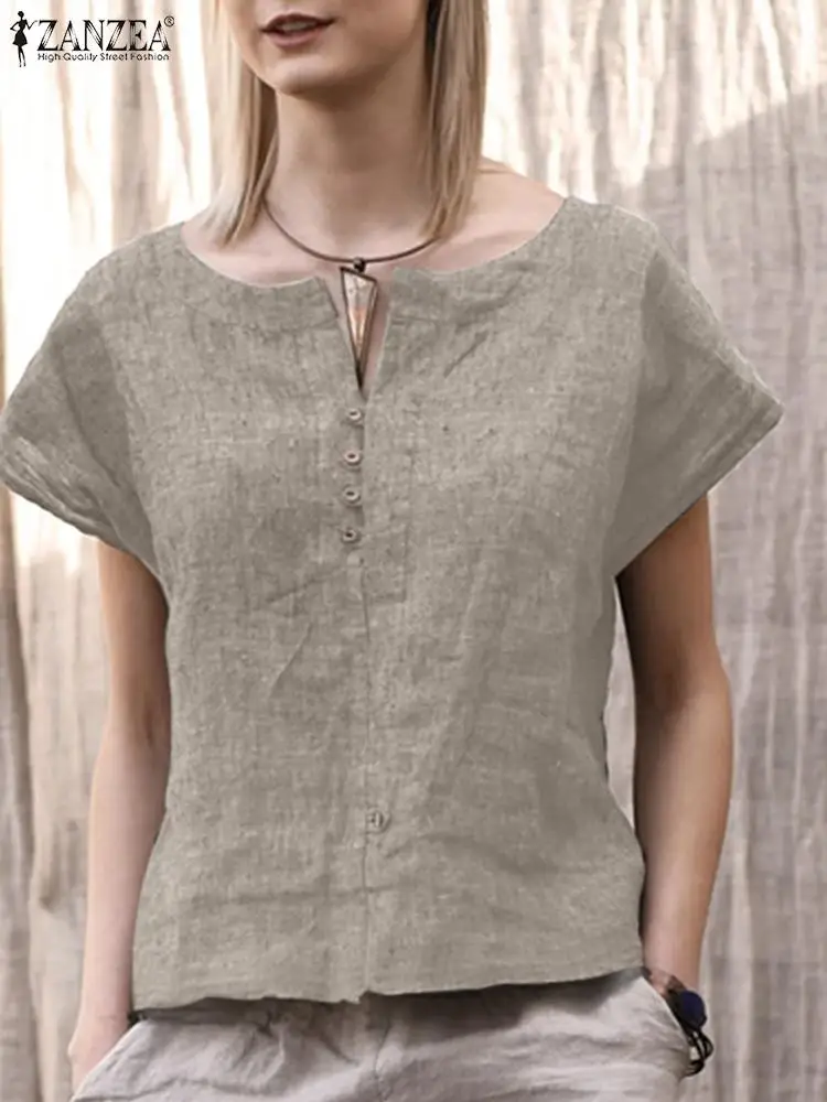 

ZANZEA 2023 Summer Short Sleeve Tops Women Vintage Party Shirt Casual Work Blusas Chemise Fashion Solid O Neck Solid Blouse
